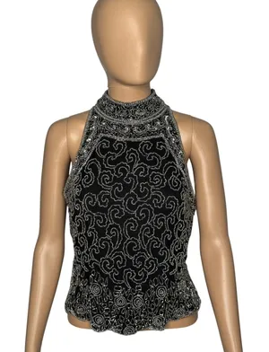 Vintage 1980s Papell Boutique Black Silver Beaded Silk Evening Top Small thumbnail 1