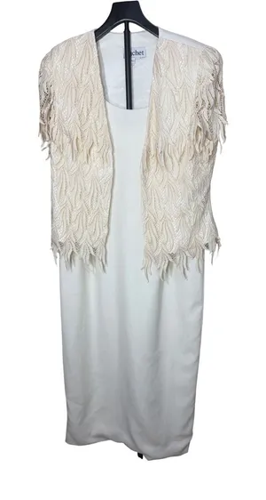 Cachet Womens Cream 2 Piece Dress and Textured Leaf Fringe Jacket Set Size‎ 16 thumbnail 1