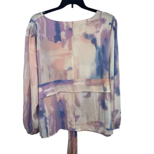 Evri Long Sleeve Semi Sheer Pink Blue Paint Look Tie Waist V-neck 3x Top NWT thumbnail 3