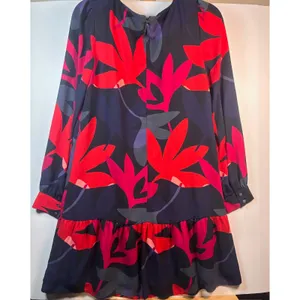 Womens Floral Drop Waist Ruffle Hem Mini Dress Navy‎ Red Pink Long Sleeve Shift thumbnail 2