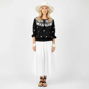 Ralph Lauren Black & White Peasant Boho Cottagecore Embroidered Blouse Top M thumbnail 6