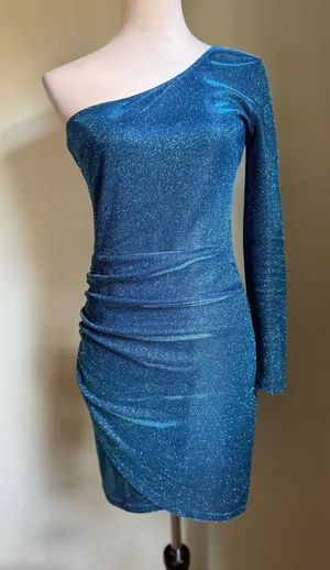 Charlotte Russe Y2K‎ Blue Glitter One Shoulder Bodycon Mini fairy sparkle medium Dress mermaid thumbnail 1