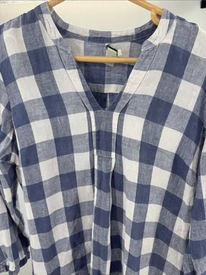 L.L. Bean Gingham V-Neck Tunic 100% linen casual lightweight summer fall M thumbnail 3