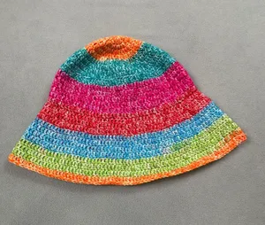 Handmade Crochet Bucket Hat Colorful Striped Knit Hippie Boho Women Vibrant Y2K thumbnail 1