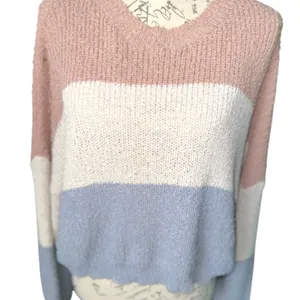 Debut Neutral, Ivory White, and Blue Colorblock Crew Neck Knit Sweater thumbnail 3
