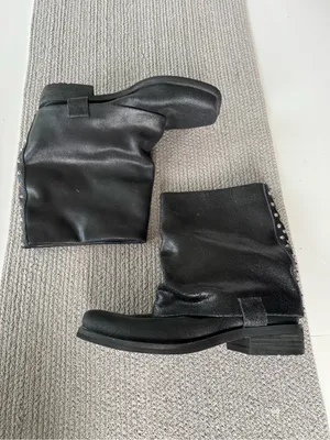 ENVY Fun Police Black Leather Foldover Mid Calf Moto Biker Boots Silver Studs thumbnail 5