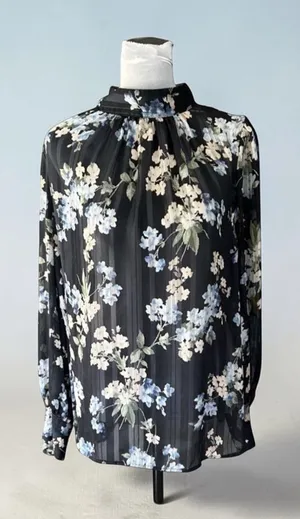 H&M black floral blouse with white and blue flowers, size L thumbnail 1