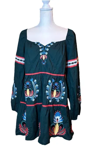 Anthropologie Let Me Be Embroidered Tunic‎ Dress Green Boho Peasant Medium thumbnail 1