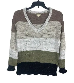 POL Chunky Knit V-Neck Sweater S Colorblock Stripe Brown Green Slouchy Earthy thumbnail 1