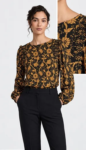 Ann Taylor Black Mustard Floral Puff Sleeve Blouse Large Workwear Office Career thumbnail 1