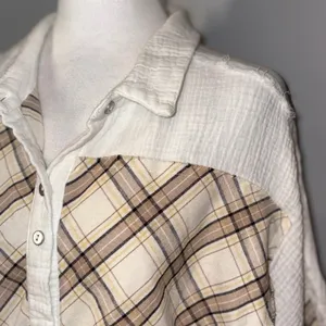 POL Plaid Button-Up Top Raw Hem gauzy‎ oversized Patchwork Shirt Small thumbnail 2