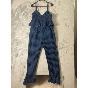 Anthropologie‎ Ett:twa Striped Denim Peplum Jumpsuit Wide Leg Blue Pinstripe LG thumbnail 4