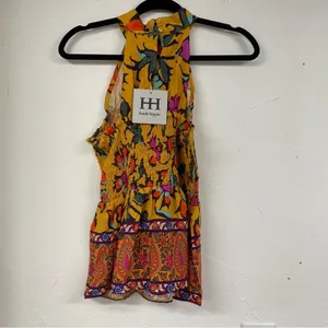 Haute Hippie Mustard Yellow Floral Print Halter Smocked Boho Blouse L Sleeveless thumbnail 10