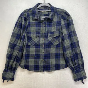 We the Free Flannel Blouse Womens S Blue Tie Sleeve‎ Button Front Western Boho thumbnail 1