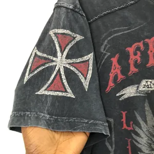 Affliction VERY RARE Grey Black Red Faded wash biker motorcycle skull crossbones wings goth grunge punk graphic tee tshirt top American Motor Club Fast Racer #jessepinkman thumbnail 3