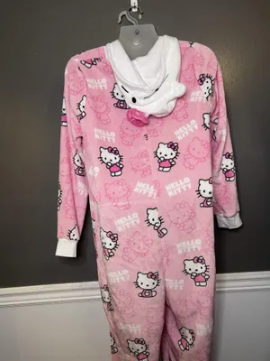 Hello Kitty One Piece Pajamas Womens XL Pink Hooded Fleece One-piece Sleepwear thumbnail 7