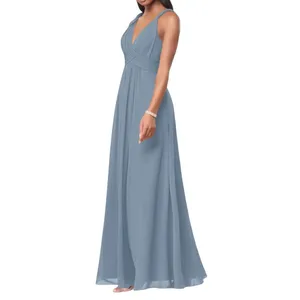 Azazie Maren A-Line Pleated Chiffon Dress in Dusty Blue, Size A10​​ thumbnail 3