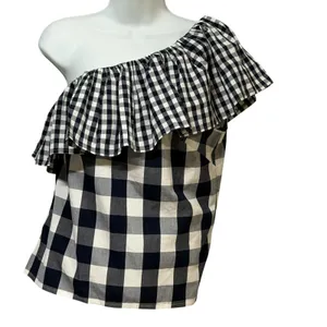 J.Crew Womens One Shoulder Ruffle Gingham Top Navy Blue White AZ102 Size 4 NWT thumbnail 2