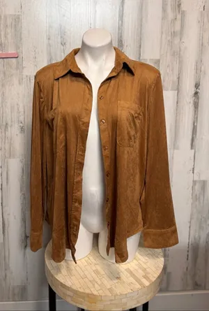 Grace The Perfect Fit Brown Faux Suede Button Up Shirt Womens Size XL Shacket thumbnail 1