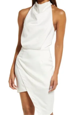 Elliatt Asymmetrical Satin Mini Dress in White thumbnail 1