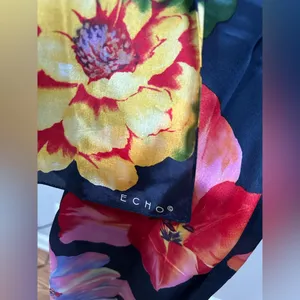 Navy blue large flower floral print echo scarf neck tie belt headband oblong thumbnail 2