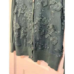 Ann Taylor Factory Teal Green Floral Embroidered Mesh Cardigan Sweater Large thumbnail 3
