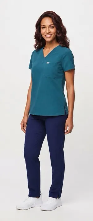 Figs Women’s Teal V-Neck Scrub Top with Navy Pants thumbnail 1