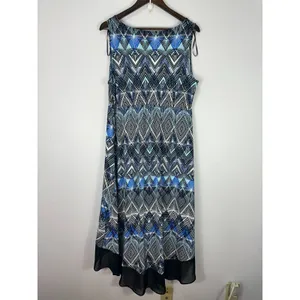 Notations Sleeveless Maxi Dress Womens Plus 1X Blue Geometric Hi Low Boho Resort thumbnail 3