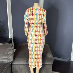 Women’s Colorful Ruched V-Neck Geometric Patterned Maxi Dress Size S NEW thumbnail 6