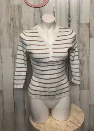 White & Brown Striped Henley Ribbed Knit Top – Small thumbnail 1