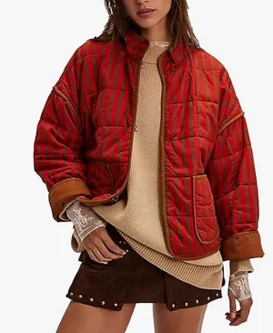 Amazon Women's Loose Retro Striped Quilted Jacket Stand Collar Cropped Puffer Outerwear Vintage Coat with Contrast thumbnail 1