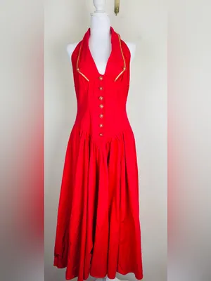 Vintage 90s Karen Alexander red w gold braid and buttons halter dress full skirt thumbnail 2