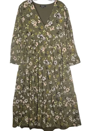 Madewell Women‎ Olive Green Floral Tiered V-Neck Midi Dress XXS Long Sleeve thumbnail 1
