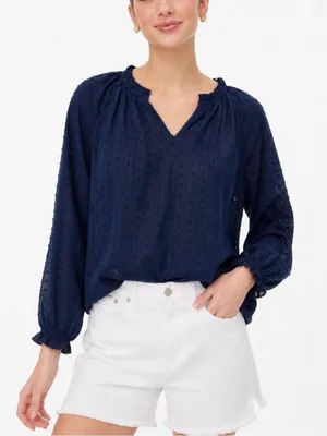 J. Crew Factory Navy Blue Swiss Dot Split Neck Ruffle Trim Blouse Size M thumbnail 1