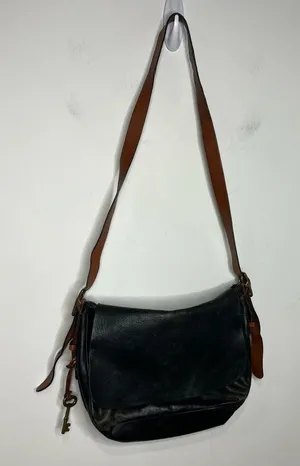 Fossil Harper flap crossbody bag black leather‎ brown leather strap medium size thumbnail 1