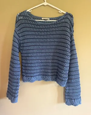 American Eagle‎ Blue Crochet Knit Striped Sweater Boho Scalloped Bell Sleeve XS thumbnail 1