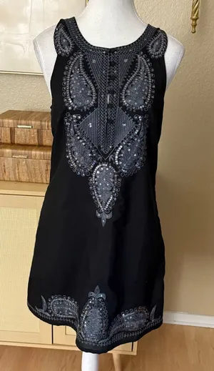 FREE PEOPLE Embroidered‎ Black Lined Sheath Mini Dress Size 4 thumbnail 1