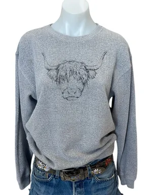 Highland Cow Heather Gray Sweatshirt SMALL Scottish Coo Oversized Pacific & Co thumbnail 1