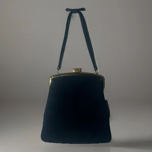 Vintage Mayer New York Handbag Purse Navy Suede Gold‎ Trim Bow Handle thumbnail 2