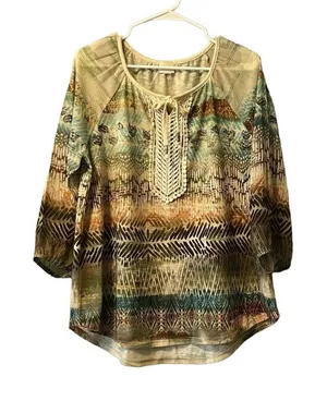 Chicos Lace Crochet Front‎ Top Size 2 Tropical All Over Print 3/4 Sleeve thumbnail 1