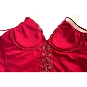 Red Lace Corset Crop Top – Zipper Back, Faux Leather Tie thumbnail 3