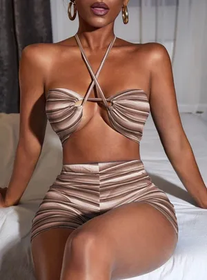 Brown Striped Halter Top & Shorts Set thumbnail 1
