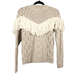Amur Ulla Women's Size Large White Fringe Tan Cable Knit Wool Sweater v6x thumbnail 3