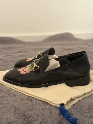 Black Leather Floral Embroidered Slip-On Loafers thumbnail 2