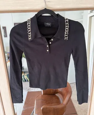Milk & Honey Long Sleeve Embellished Collard Shirt Diamond and Pearl size Small thumbnail 1