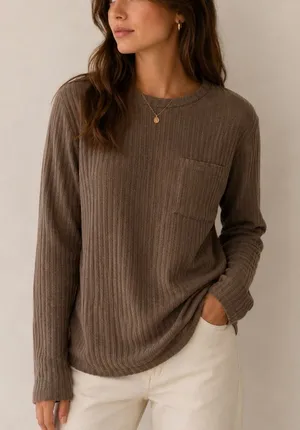 Unbranded Ribbed Knit Top Women XL Brown Long‎ Sleeve Pocket Casual Minimalist thumbnail 1