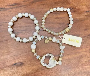 SAACHI Bracelet Set Stone Geode Crystal Beaded Stretch NWT Boho Stackable Artsy White thumbnail 1