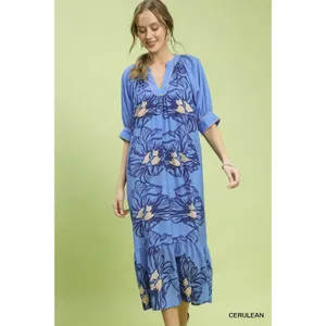 Umgee Floral Belted‎ Midi Dress - Cerulean - Small thumbnail 3