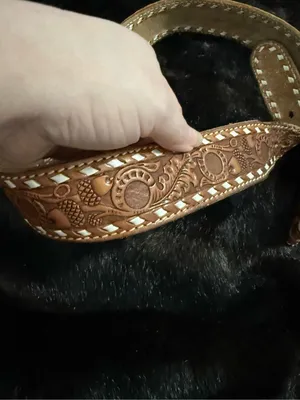 Vintage Tooled Cowhide Belt Tex tan 34” Floral Tan Gold Leather fall acorn leave thumbnail 3