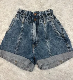Abercrombie paperbag High-Waist Rolled Hem Denim Shorts - Blue thumbnail 1